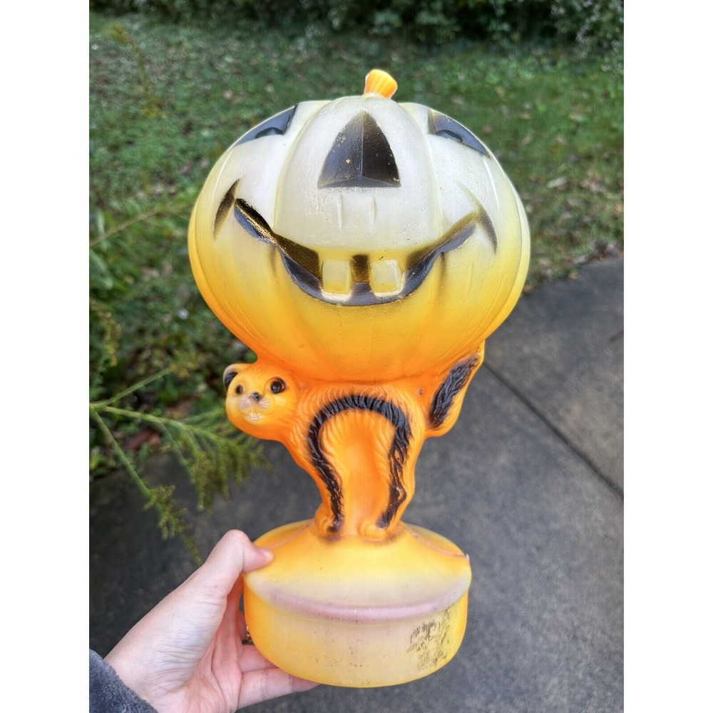 Vintage Pumpkin w/ Cat Plastic Halloween Blow Mold Light 12" Tall